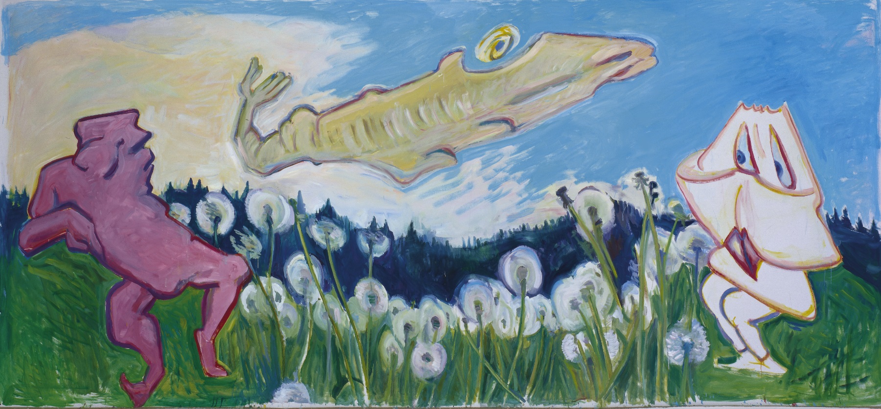 Maria Lassnig, Útěk nosu na dno soutěsky, 2007, olej na plátně 