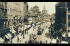 Praha, polední ruch na křižovatce Václavského náměstí, ulice Na Příkopě, uličky Na můstku a ulice Ovocné, 1923