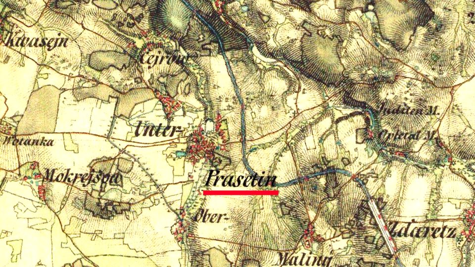 Na historické mapě z poloviny 19. století najdeme Prosetín ještě pod původním názvem Prasetín