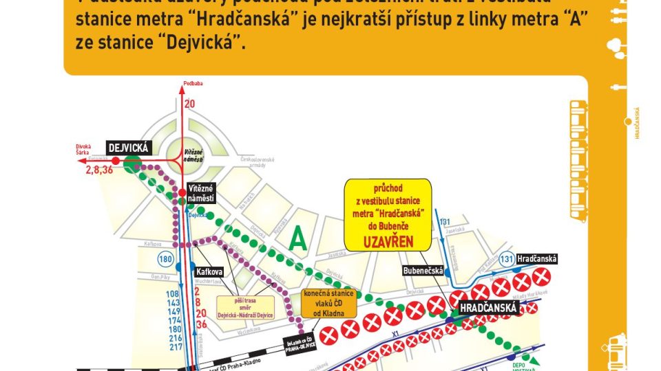Situační plánek výluky na trati Dejvice - Masarykovo nádraží