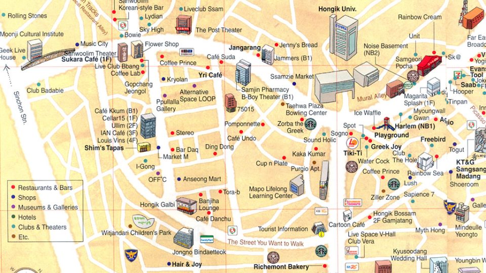 Mapa čtvrti Hongdae, Soul