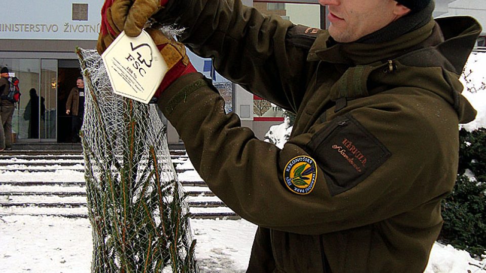 Pracovníci KRNAP přivezli svoje vánoční stromky před pražské sídlo ministerstva životního prostředí