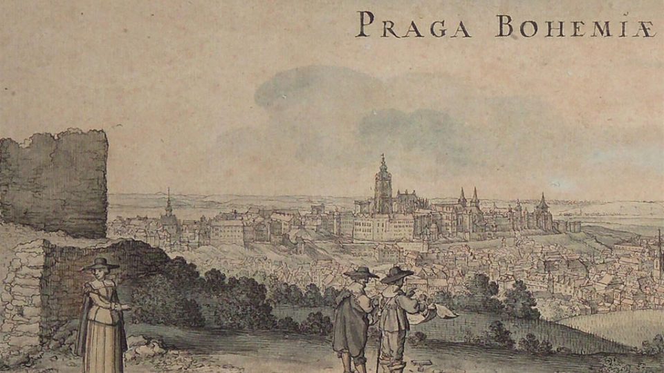 Václav Hollar, Velký pohled na Prahu ze svahu Petřína, 1636, kresba perem, kolorovaná transparentními barvami, ze dvou částí papíru: 120x273 mm, 121x281 mm, detail