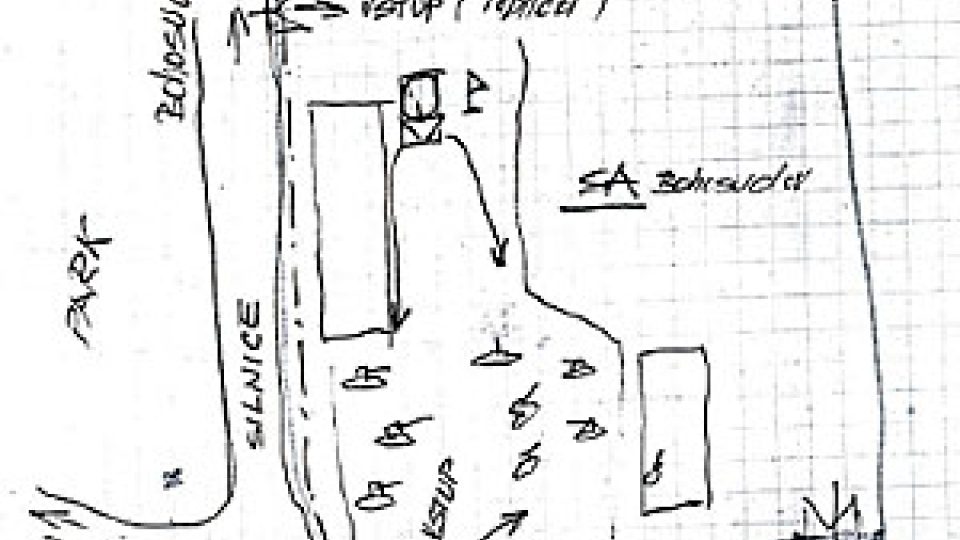Plánek místa tragédie, tak jak si ho nakreslil šéf dobrovolných hasičů v Krupce Václav Lodl