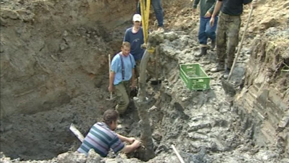 Vyzvedávání trosek sestřelené stíhačce z druhé světové války Focke-Wulf objevené u Otína na Jindřichohradecku