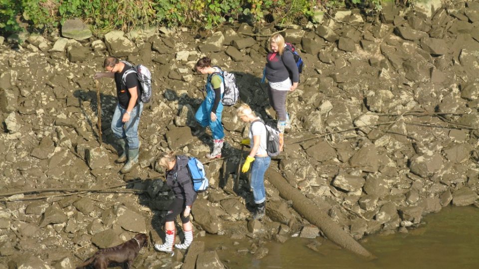 Dobrovolníci sbírající škeble - pohled z lávky přes vodu