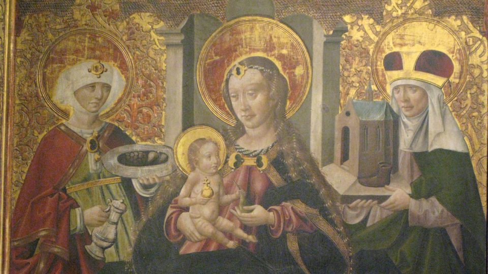 Madona mezi sv. Alžbětou Uherskou a sv. Hedvikou, Mistr Martin, kolem roku 1485, tempera na dřevěné desce 