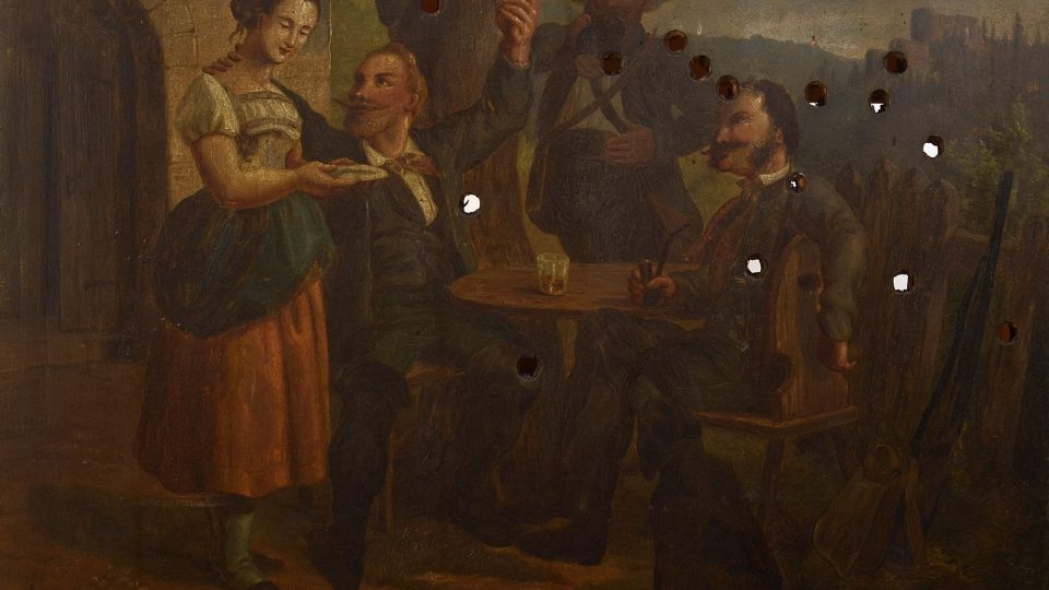 Malovaný terč od ústeckého malíře E. G. Doerella, myslivci v hostinci pod hradem Blansko