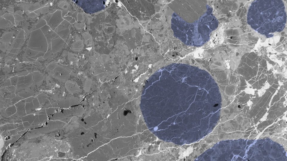 Výbrus benešovského meteoritu 2 (LL3,5 chondrit) s typickými kruhovými obrazci "chondrami" (modře) pod elektronovým mikroskopem.