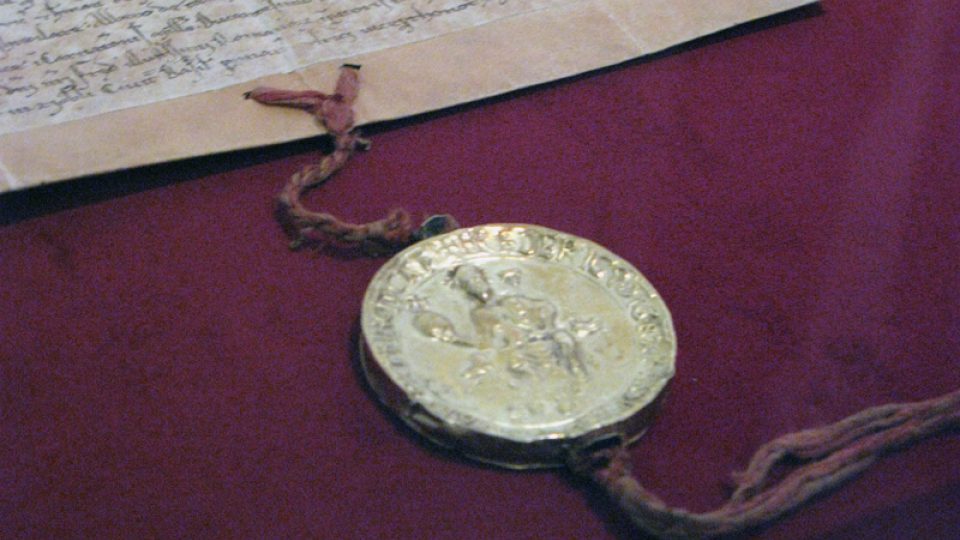 Pečeť listiny, kterou Fridrich II. daroval či propůjčil Přemyslu Otakarovi I. majetky 