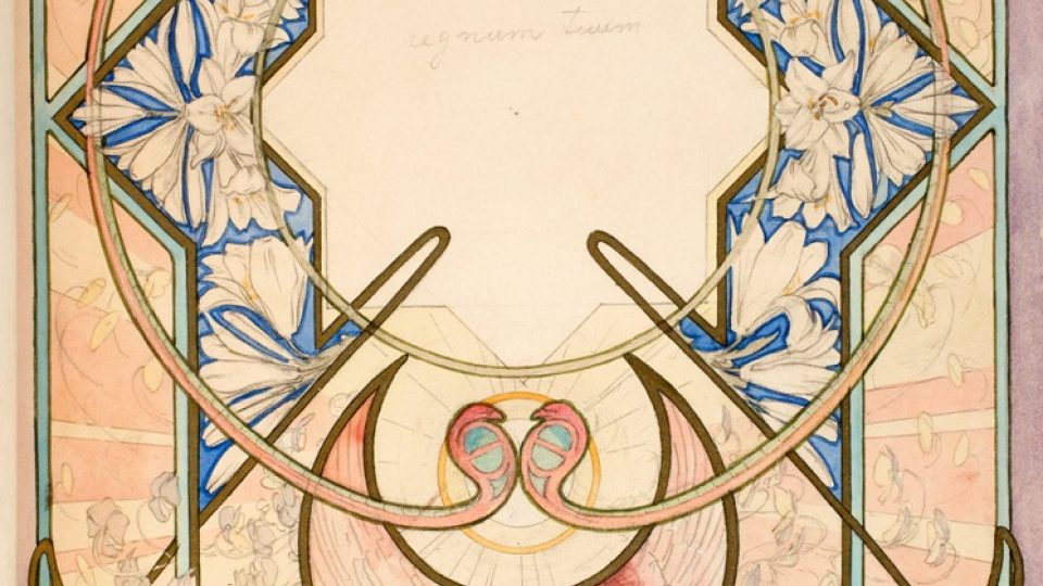 Alfons Mucha, Přípravná kresba ornamentální kompozice k Otčenáši, 1899, akvarel