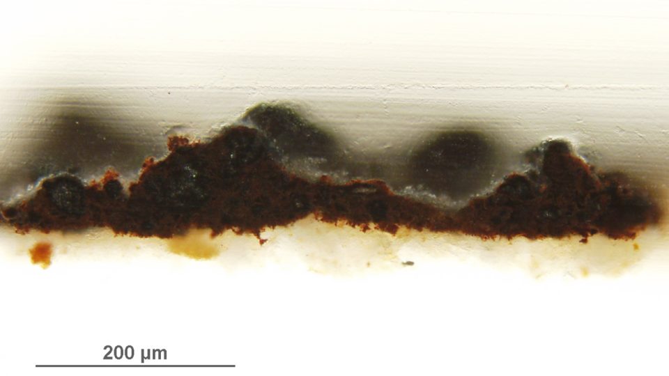 Vzorek z nástěnné malby (kostel sv. Juraje Kostoľany pod Tribečom, Slovensko) zachycující černání původně oranžové vrstvy, optický mikroskop – viditelné záření  (foto J. Hradilová)