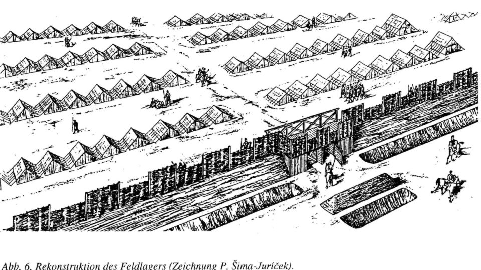 Rekonstrukce možné podoby tábora (kresba P. Šima-Juríček in. ANODOS – Supplementum 1, Trnava 2001, obr. 6)