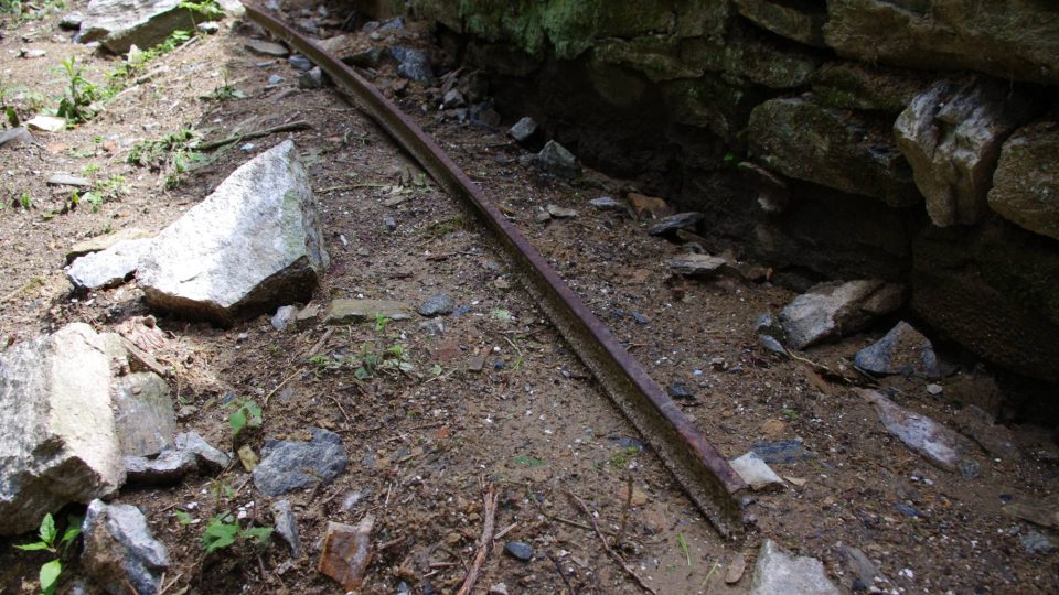 Františkov a údolí Hučavy - kolejnice z někdejší lesní železnice ztracená v lese