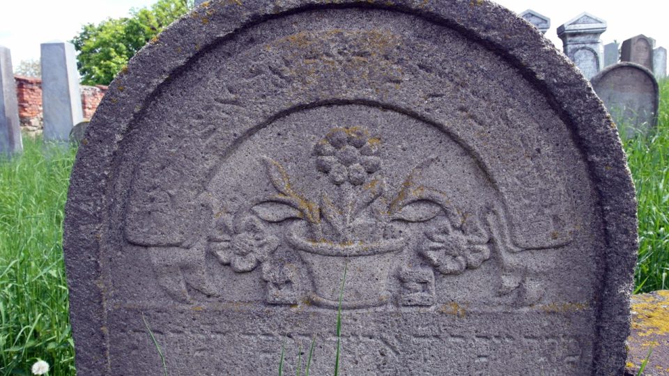 Květina na náhrobku na židovském hřbitově v Holešově