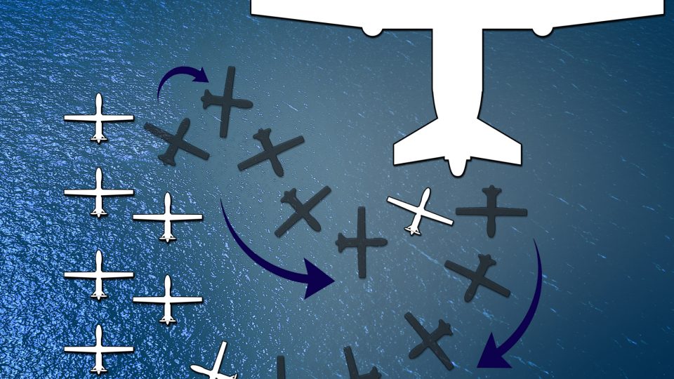 Ilustrace, jak by mohla fungovat létající základny pro malé bezpilotní letouny