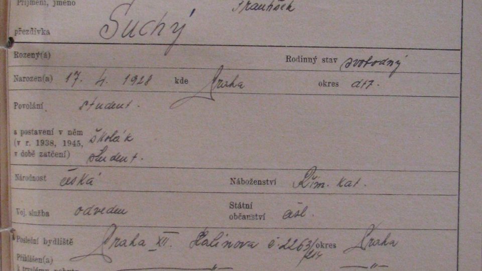 Vězeňský přijímací list Františka Suchého