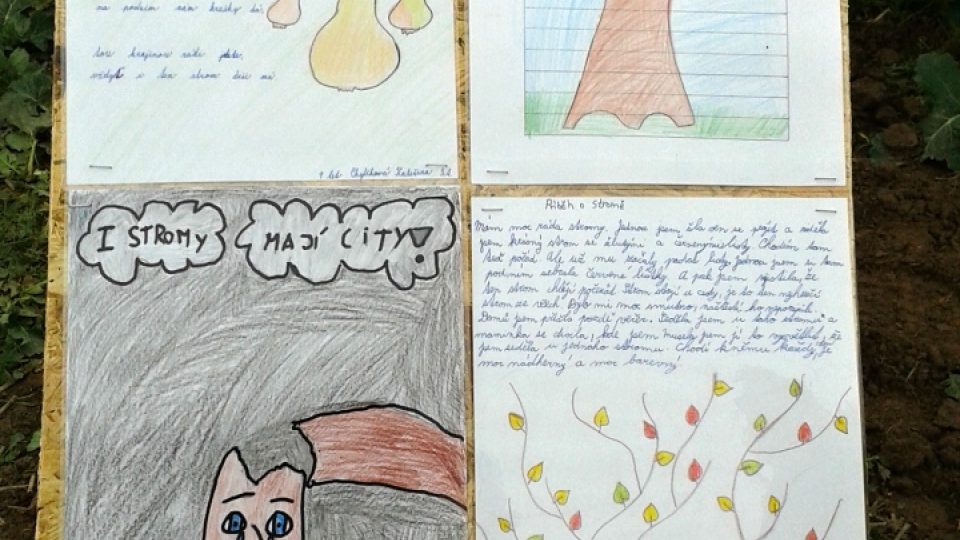 Jedna z tabulí s příběhy o stromech, které napsaly děti