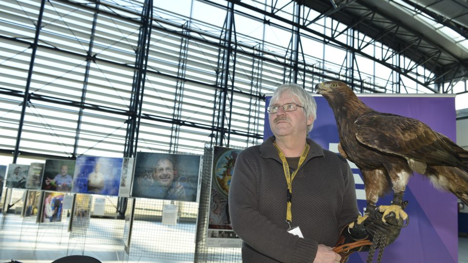 Jan Marek, vedoucí zootechnik biologické stanice Letiště Praha, ukazuje orla skalního