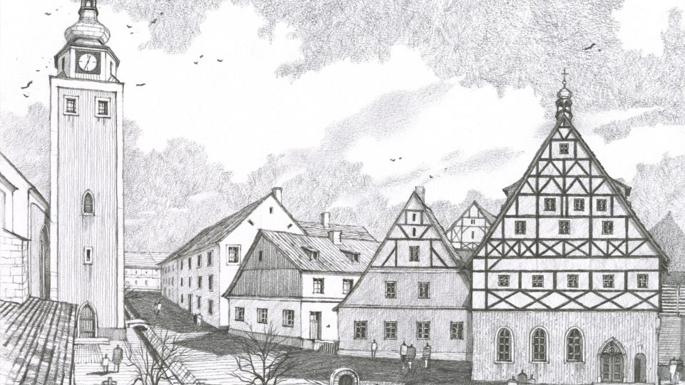 Architektonická kresba- rekonstrukce, jak vypadalo náměstí v Krásně před požárem v roce 1848. Domy dnes už neexistují.