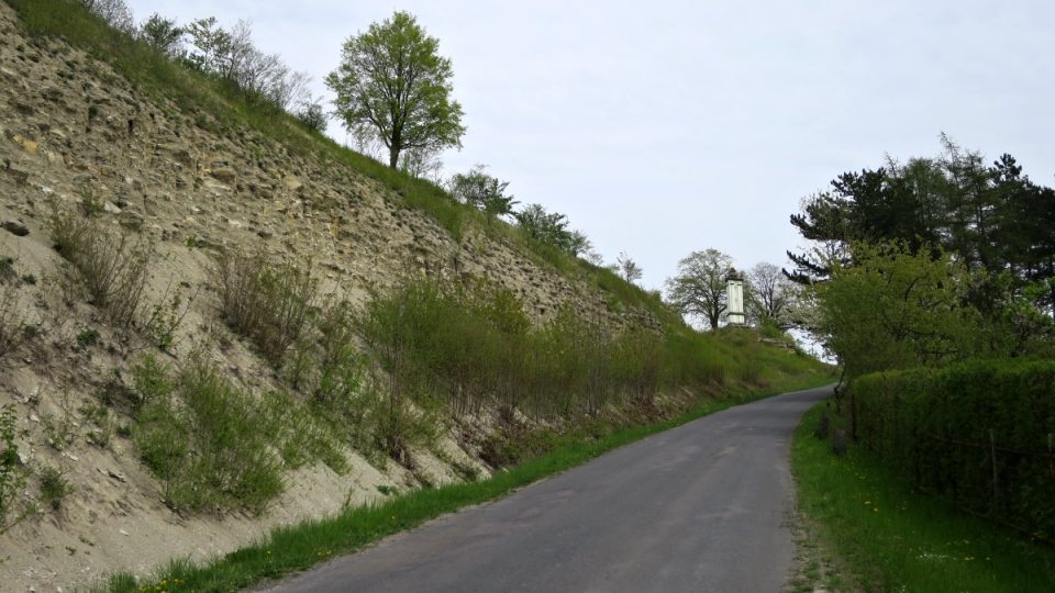 Příkrý svah Střemošické stráně s barokním sloupem v pozadí