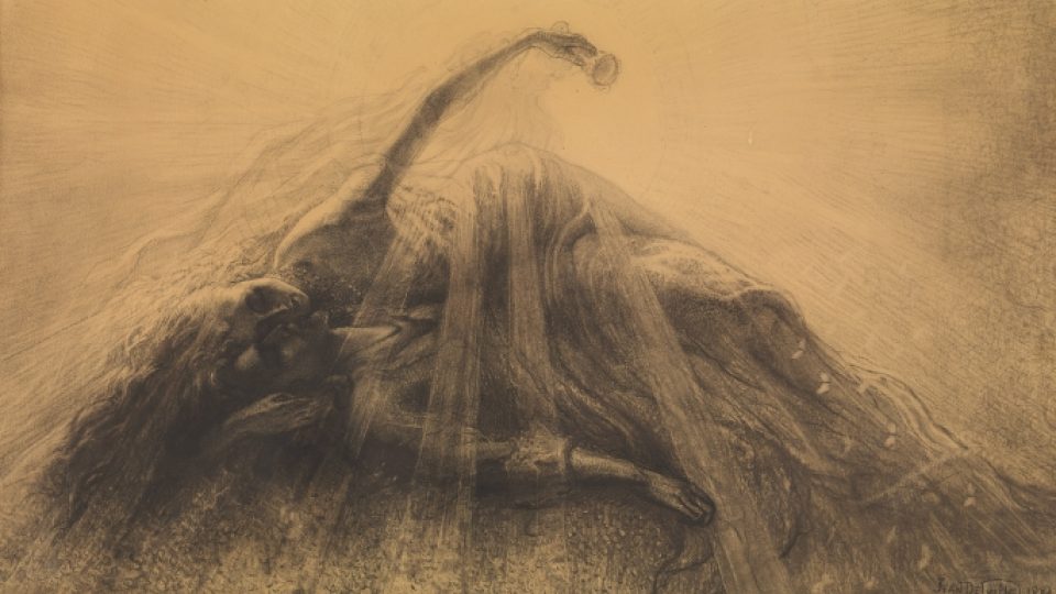 Jean Delville, Tristan a Isolda, 1887, tužka, černý pastel a uhel na papíře, Musées royaux des Beaux-Arts de Belgique, Brusel