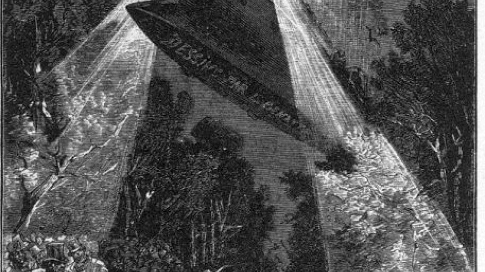 Původní ilustrace (i kolorované) k románu Julese Vernea Robur Dobyvatel