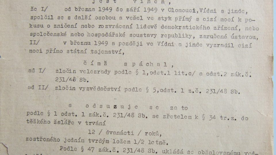 Obvinění pana Sehnala z velezdrady a vyzvědačství (1950)