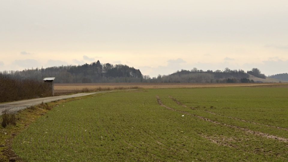 Vlevo Chloumek s pravěkým pohřebištěm, vpravo vrch Prašivka, pravěké hradiště je vidět z hlavní silnice na Jaroměř