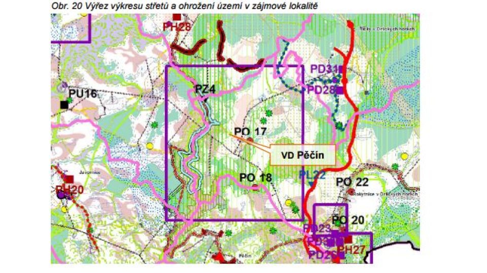 Výřez výkresu střetů a ohrožení území v zájmové lokalitě