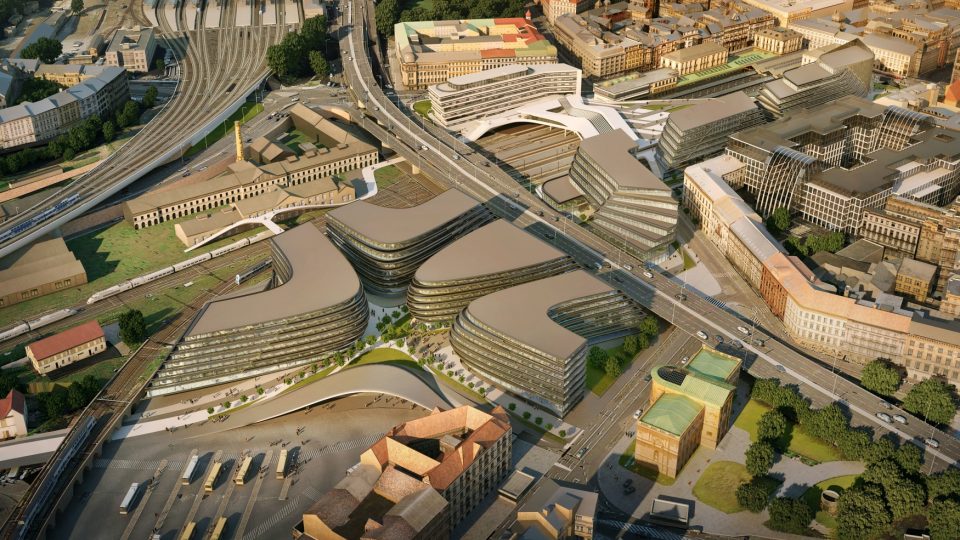 Vizualizace návrhu revitalizace a výstavby v okolí pražského Masarykova nádraží v Praze