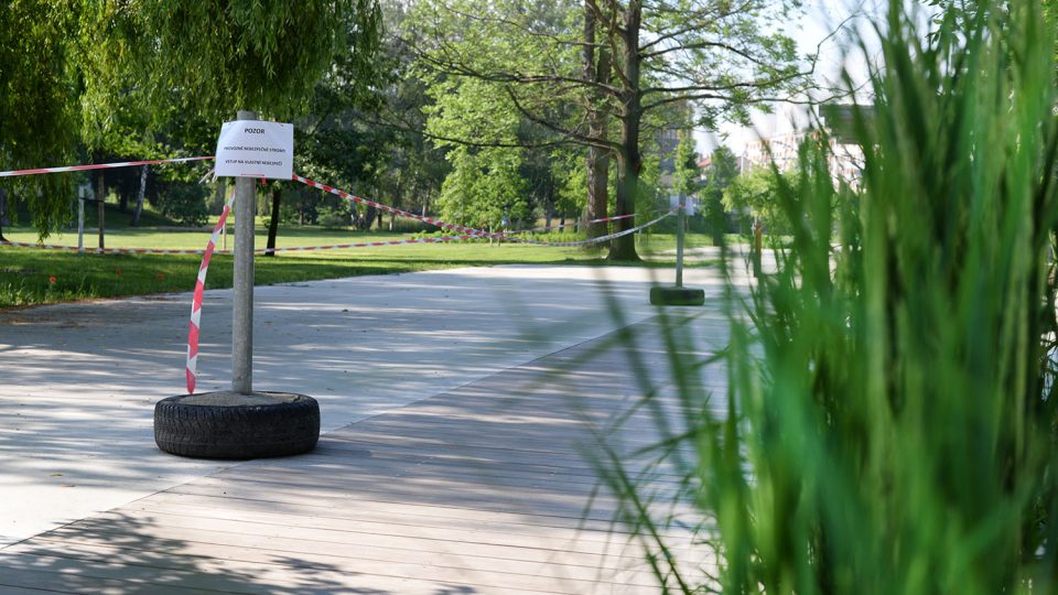 Cedule varující před nebezpečnými stromy jsou po obou stranách promenády