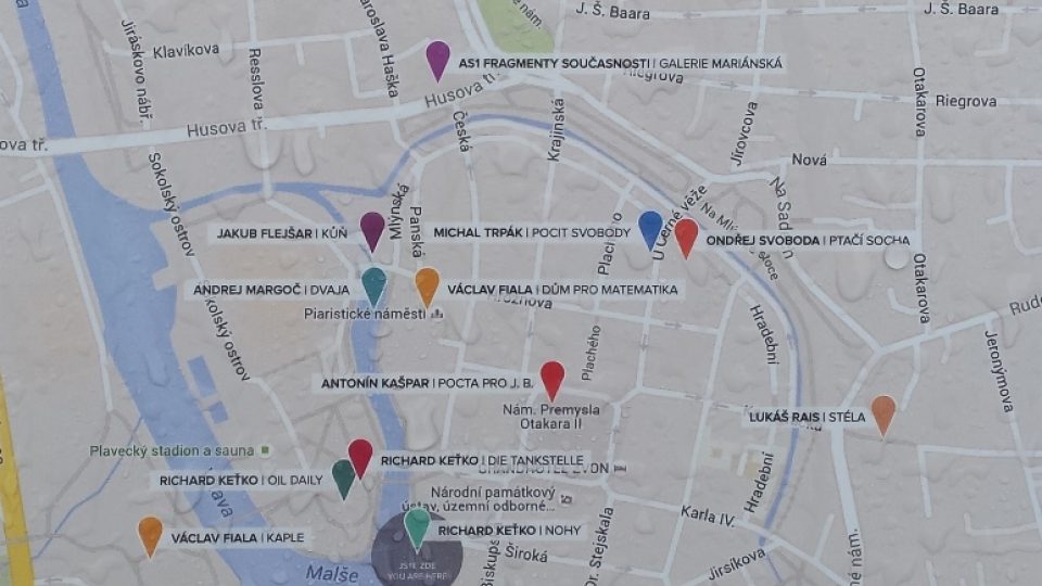 Mapa rozmístění soch při Umění ve městě 2016