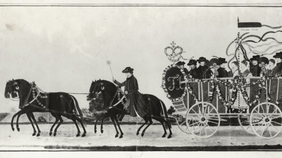 Jeden z vozů „selské svatby“ vypravené do Prahy při příležitosti korunovace císaře Ferdinanda za českého krále v roce 1836