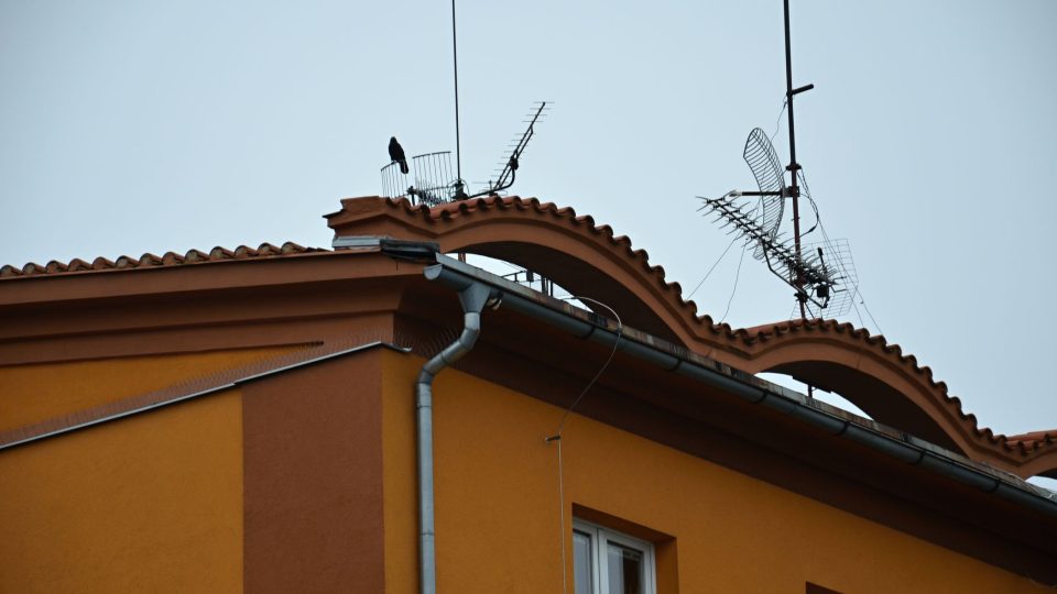 Panelák má sedlovou střechu s mírným sklonem a ozdobnou římsu