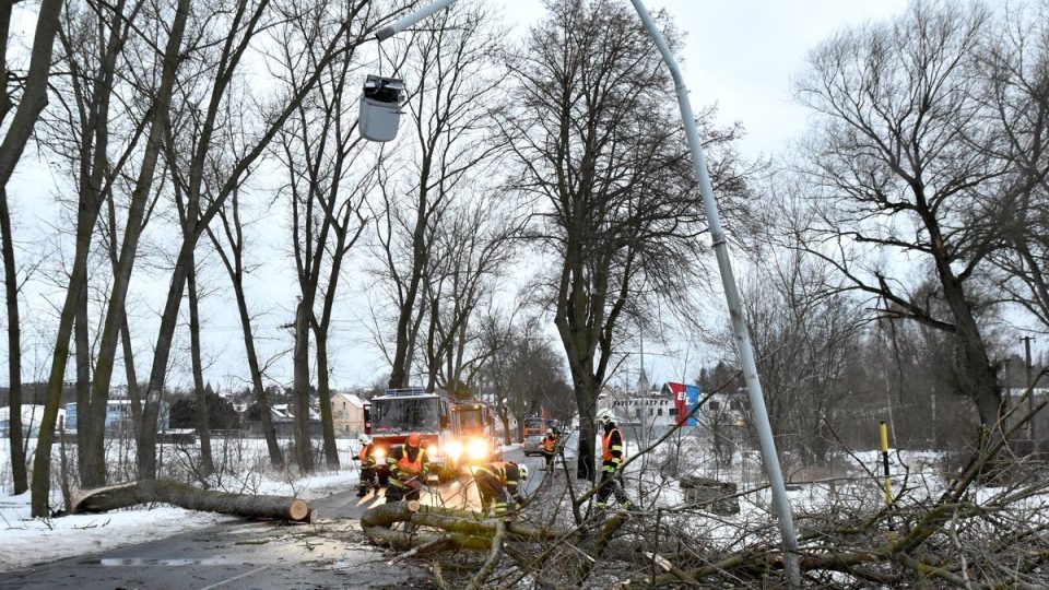 Popadané stromy poškodily také lampu veřejného osvětlení