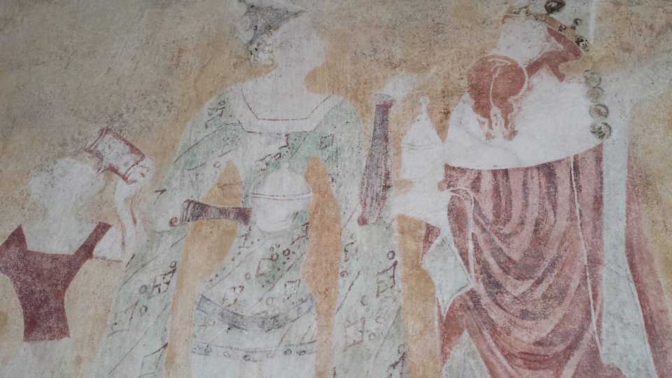 Detail malby Příchod tří králů v kněžišti, páže pije vlevo z čutory