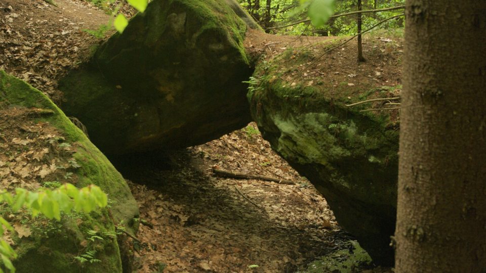 Pelíškův most, přes který je možné přijít k dřevěnému totemu Pelíška