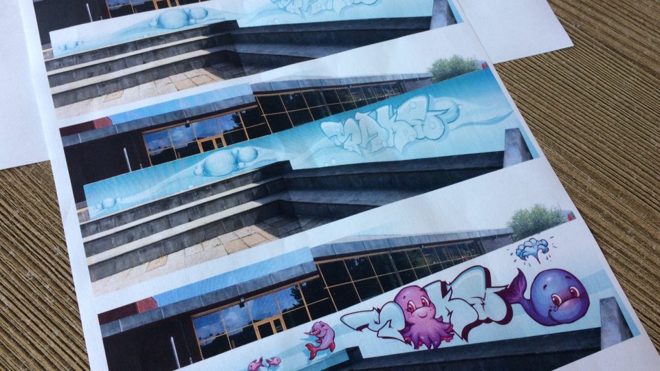 Návrhy graffiti, které bude zdobit zídky v aquaparku