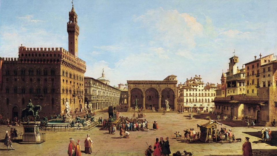 Piazza della Signoria ve Florencii na malbě z první poloviny 18. století