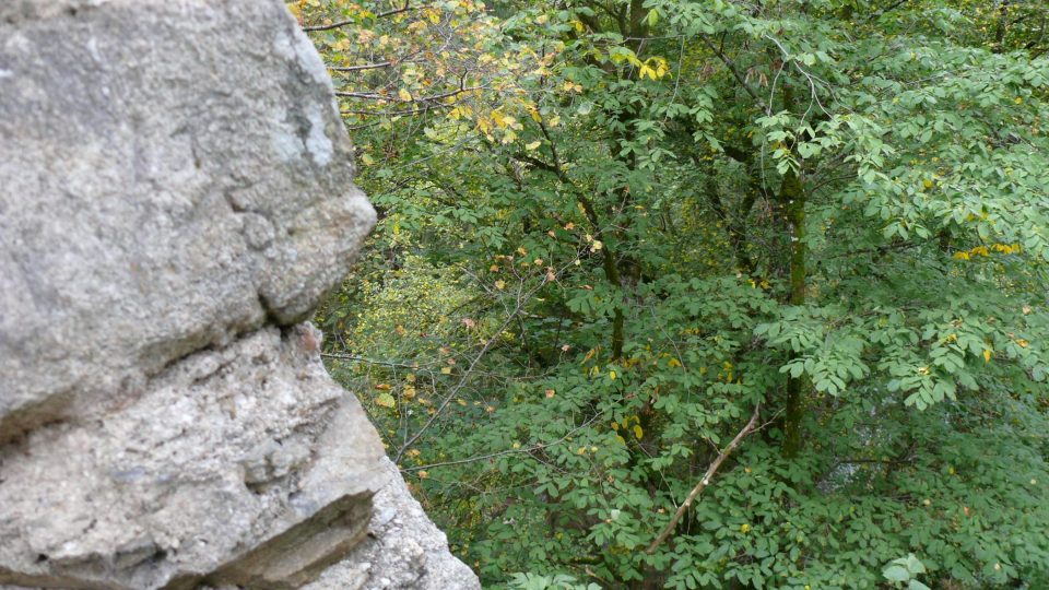 Hluboko pod hradem mezi stromy probleskuje hladina řeky Malše