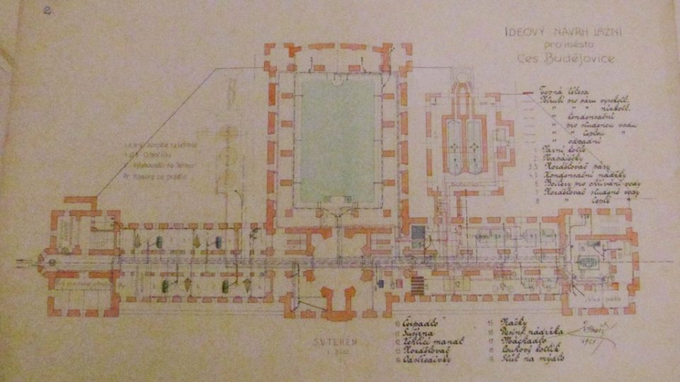 Projekt veřejných městských lázní pro České Budějovice. Honosné stavby se nakonec lidé nedočkali