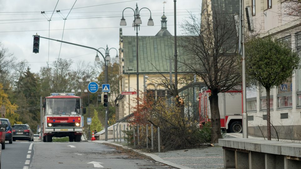 Na náměstí Republiky v Pardubicích vichřice vyvrátila strom