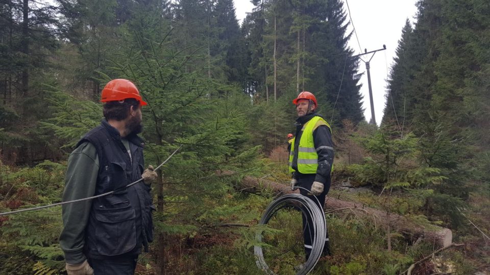 Technici opravují elektrické vedení poničené vichřicí v lese u Benešova nad Černou