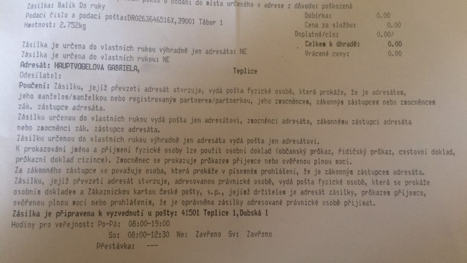 Výzva České pošty k vyzvednutí zásilky