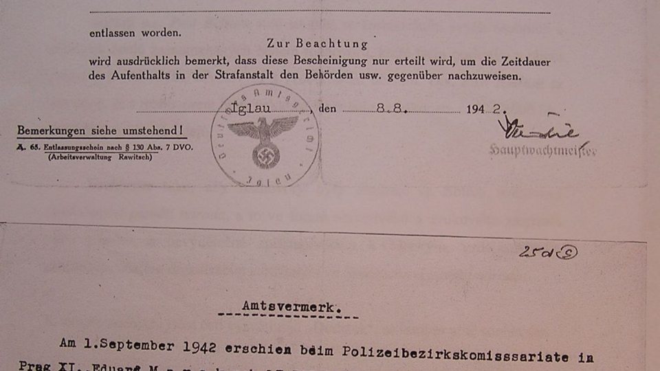 Propustka Eduarda Marka z německého vězení 1942