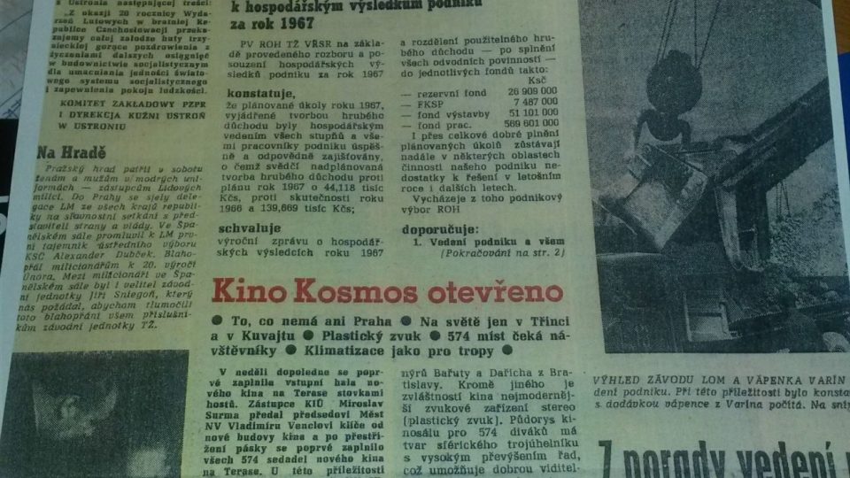 Novinový článek z roku 1968 informující o otevření kina Kosmos