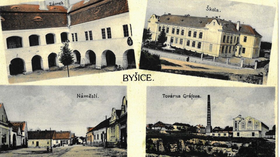 Dobová pohlednice z Byšic s obrázkem továrny Graf