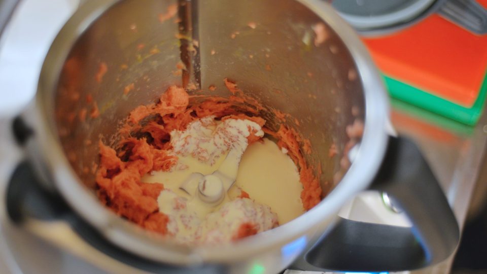 Zbytky masa osolíme, opepříme a rozmixujeme v robotu v nádobě s nožovým sekáčkem. Přidáme vejce, přilijeme smetanu a znovu promixujeme