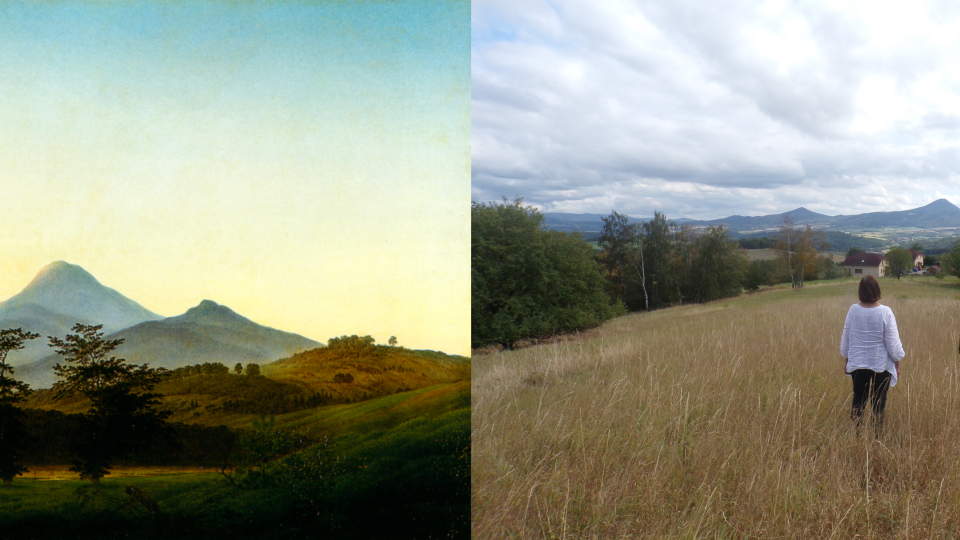 Caspar David Friedrich: Česká krajina, 1808, olej, plátno / Pohled z vrchu Ve Chvojkách, pozorovatelé panoramatu C. D. Friedrichovy České krajiny